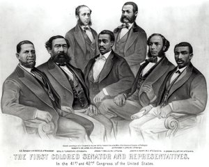 Pierwszy Kolorowy Senator i Reprezentanci na 41. i 42. Kongresie Stanów Zjednoczonych, wyd. autorstwa Currier i Ives, 1872 (lito) (zdjęcie w pakiecie) autorstwa American School
