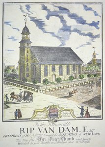 Nowy Holenderski Kościół Reformowany, zbudowany na rogu ulic Nassau i Liberty, Nowy Jork, w 1731 roku (kolorowy grawerunek) autorstwa American School