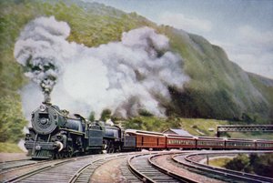 Nowy Jork do Chicago Express przy Horse-Shoe Curve, Alleghany, ok. 1930 (kolor lito) autorstwa American School