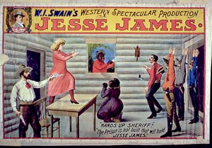 Więzienie nie zostało zbudowane, w którym pomieści się Jesse James, reklama W.I. Swains Spektakularna produkcja Jessego Jamesa autorstwa American School
