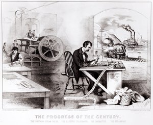 The Progress of the Century: The Lightning Steam Press, Electric Telegraph, Locomotive and the Steamboat, wyd. autorstwa Currier i Ives, 1876 autorstwa American School