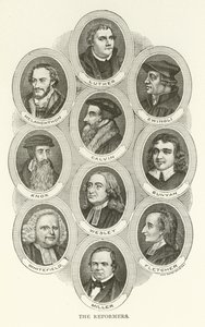 Reformatorzy, Luter, Melanchton, Zwingli, Calvin, Knox, Bunyan, Wesley, Whitefield, Fletcher, Miller autorstwa American School