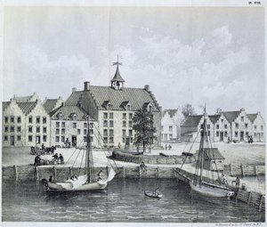 Stadthuys of New York w 1679, Corner of Pearl Street i Coentijs Slip, z Journal of a Voyage to New York w 1679-80 autorstwa Jaspera Danckaertsa (ur. 1639) i Petera Sluytera (1645-1722), opublikowane w 1867 autorstwa American School