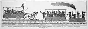 „Tom Thumb Locomotive” ściga się z zaprzęgiem konnym, z „Historii pierwszych lokomotyw w Ameryce”, Williama H. Browna 1830 (lito) autorstwa American School