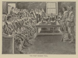 Pierwszy proces o morderstwo w Nowej Anglii (litografia) autorstwa American School