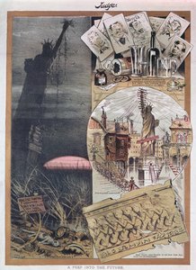 Przyszłość Statuy Wolności. karykatura z magazynu Judge z okresu budowy w 1886 r. autorstwa American School