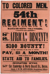 Do kolorowych mężczyzn. 54 Pułk! Ochotnicy z Massachusetts, pochodzenia afrykańskiego, 1863 r. autorstwa American School