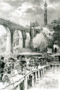 Turyści wracają do swojego parowca na rzece Harlem, z wysokim mostem po lewej, grawerowanym przez W.A Rogersa dla Harpers Weekly, 24 lipca 1880 r. autorstwa American School