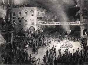 Triumfalny przyjazd pierwszego posłańca Pony Express do Sacramento, 13 kwietnia 1860 (wc na papierze) autorstwa American School
