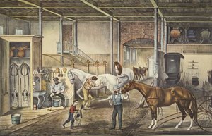 Trotting Cracks At Home, model stajni, wyd. 1868, Currier i Ives autorstwa American School