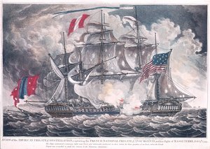 US Fregata Constellation przechwytuje LInsurgente w Indiach Zachodnich w bitwie pod Basseterre, 9 lutego 1799, opublikowana w 1800 autorstwa American School