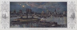 Widok wyspy Manhattan nocą z promu w Jersey City (kolorowa litografia) autorstwa American School