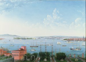 Widok na port w Nowym Jorku z Brooklyn Heights, ok. 1860 (olej na płótnie) autorstwa American School
