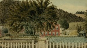 Widok czerwonego domu z płotem, 1854 (wc z gwaszem na papierze) autorstwa American School
