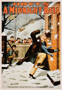 Vintage plakat przedstawiający chłopców obrzucających mężczyznę śnieżkami, 1890-99 autorstwa American School