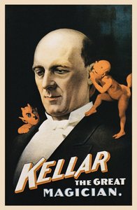 Plakat w stylu vintage przedstawiający mężczyznę z szepczącymi diabłami autorstwa American School
