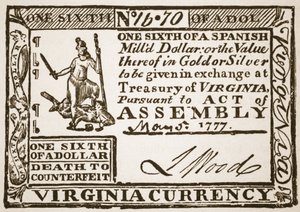 Waluta Wirginii, równa jednej szóstej dolara hiszpańskiego, 1777 autorstwa American School