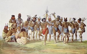 Taniec wojenny Sauksów i lisów, ilustracja z „Indiańskich plemion Ameryki Północnej, tom 1”, Thomasa L. McKenneya i Jamesa Halla, wyd. przez Johna Granta