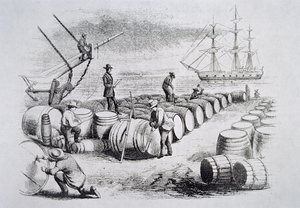 Wielorybniki mierzące olej w beczkach, z The American Whale Fishery, ok. 1850 (rycina) autorstwa American School