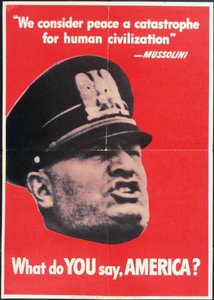 "What you say AMERICA?", amerykański plakat z II wojny światowej z twarzą Mussoliniego, Anon, c.1942 autorstwa American School