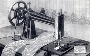 Maszyna do szycia Wilson, przedstawiająca napęd pasowy z pedału i puszki po oleju, z Park Benjamin Appletons Cyclopedia of Applied Machines, opublikowana w 1880 r. autorstwa American School