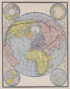Mapa świata przedstawiająca kontynenty, regiony polarne i zmiany poziomu mórz (kolorowy grawerunek) autorstwa American School