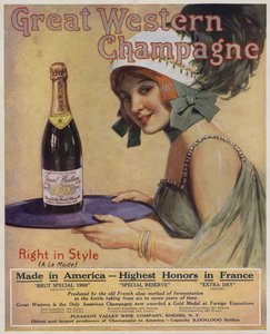 Młoda kobieta z butelką szampana, reklama Great Western Champagne (kolorowa litografia) autorstwa American School