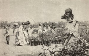 Kobiety spacerujące po Brerze, Mediolan, Włochy, rycina z obrazu Maggio (maj) Amerino Cagnoniego (1853-1923), z L