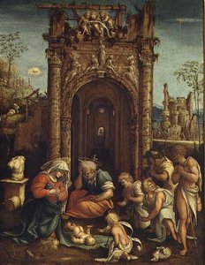 Adoracja pasterzy, ok. 1530 (olej na desce) autorstwa Amico Aspertini