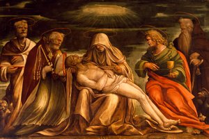 Pieta pomiędzy świętymi Markiem, Ambrożym, Janem Ewangelistą i Antonio Abate, pędzla Amico Aspertiniego (1474 lub 1475-1552), tempera na płótnie