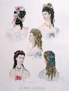 Fryzury ze wstążkami, ilustracja z „La Mode Illustree”, 1872 (kolorowe grawerowanie)