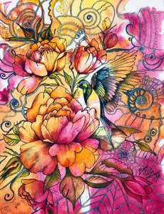 Ptak wśród bujnych kwiatów autorstwa Anda Bieza