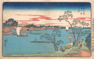 Widok wiśni w liściach wzdłuż rzeki Sumida, 1831., 1831. autorstwa Ando Hiroshige
