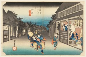 Goyu, kobiety zatrzymujące podróżnych, w pięćdziesięciu trzech stacjach Tokaido Road (Tokaido Gojusan Tsugi-no Uchi) autorstwa Ando Hiroshige