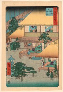 Ishibe: Goście w karczmie (Isibe, ryosha tomarikyaku) z serii 53 Stacje Tokaido autorstwa Ando Hiroshige