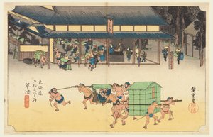 Kusatsu, stacja słynąca z ciast ryżowych, na pięćdziesięciu trzech stacjach Tokaido Road (Tokaido Gojusan Tsugi-no Uchi) autorstwa Ando Hiroshige