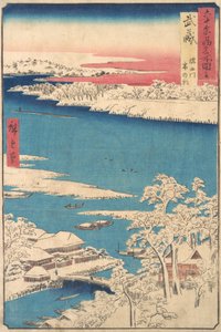 Poranek po śniegu, rzeka Sumida, prowincja Musashi , z cyklu Widoki o..., ok. godz. 1853. autorstwa Ando Hiroshige