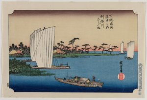 Rozproszone sosny nad rzeką Tone..., opublikowana w 1919 r. autorstwa Ando Hiroshige