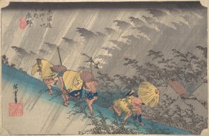 Nagły prysznic w Shono z serii Pięćdziesiąt trzy stacje Tokaido, 1834-35., 1834-35. autorstwa Ando Hiroshige