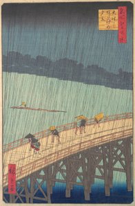 Sudden Shower over Shin-Ohashi Bridge and Atake Ohashi Atake no yudachi, from the series..., 1857. autorstwa Ando Hiroshige