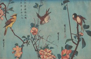 Sikorka i kamelie po prawej, wróbel i dzikie róże pośrodku oraz orlik..., ok. 1833. autorstwa Ando Hiroshige