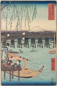 Toto, Ryogoku, z cyklu Trzydzieści sześć widoków góry Fuji Fugak..., 4 miesiąc, Koń rok 1858. autorstwa Ando Hiroshige