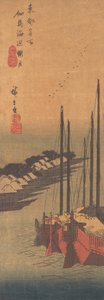 Zamglony księżyc w Tsukudajima. autorstwa Ando Hiroshige