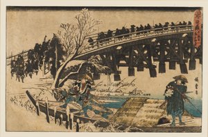 Drzeworyt - Dwóch mężczyzn w łodzi pod mostem, 1797-1858 autorstwa Ando Hiroshige