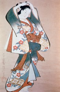 „Stojąca piękność układająca włosy”, c1714 autorstwa Ando Kaigetsudo