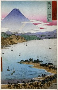 Maantiede. Japani. Fuji-vuori. Hiroshigen puupiirros teoksessa: Fifty Three Stations of the Tokaido (1833-1834). Postikortti, Japani, n. 1900 (postikortti)puola