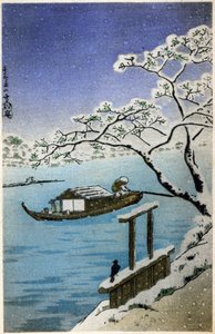 Geografia. Japonia. Rzeka zimą. Drzeworyt Hiroshige w: Fifty Three Stations of the Tokaido (1833-1834). Pocztówka, Japonia, ok. 1900 r. (pocztówka)