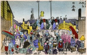 Geografia. Japonia. Poranna poświata na Nihonbashi (1. stacja). Drzeworyt autorstwa Hiroshige w: Fifty Three Stations of the Tokaido (1833-1834). Pocztówka, Japonia, ok. 1900 r. (pocztówka)