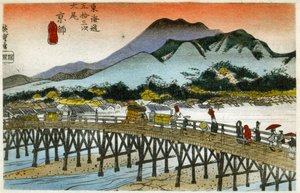 Geography. The Morning glow at the Nihonbashi (55th station). Woodcut by Hiroshige in: Fifty Three Stations of the Tokaido (1833-1834). Postcard, Japan, c.1900 (postcard)