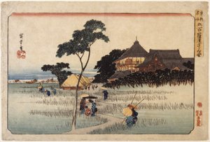 (Duży budynek z chatami poniżej) autorstwa Ando or Utagawa Hiroshige